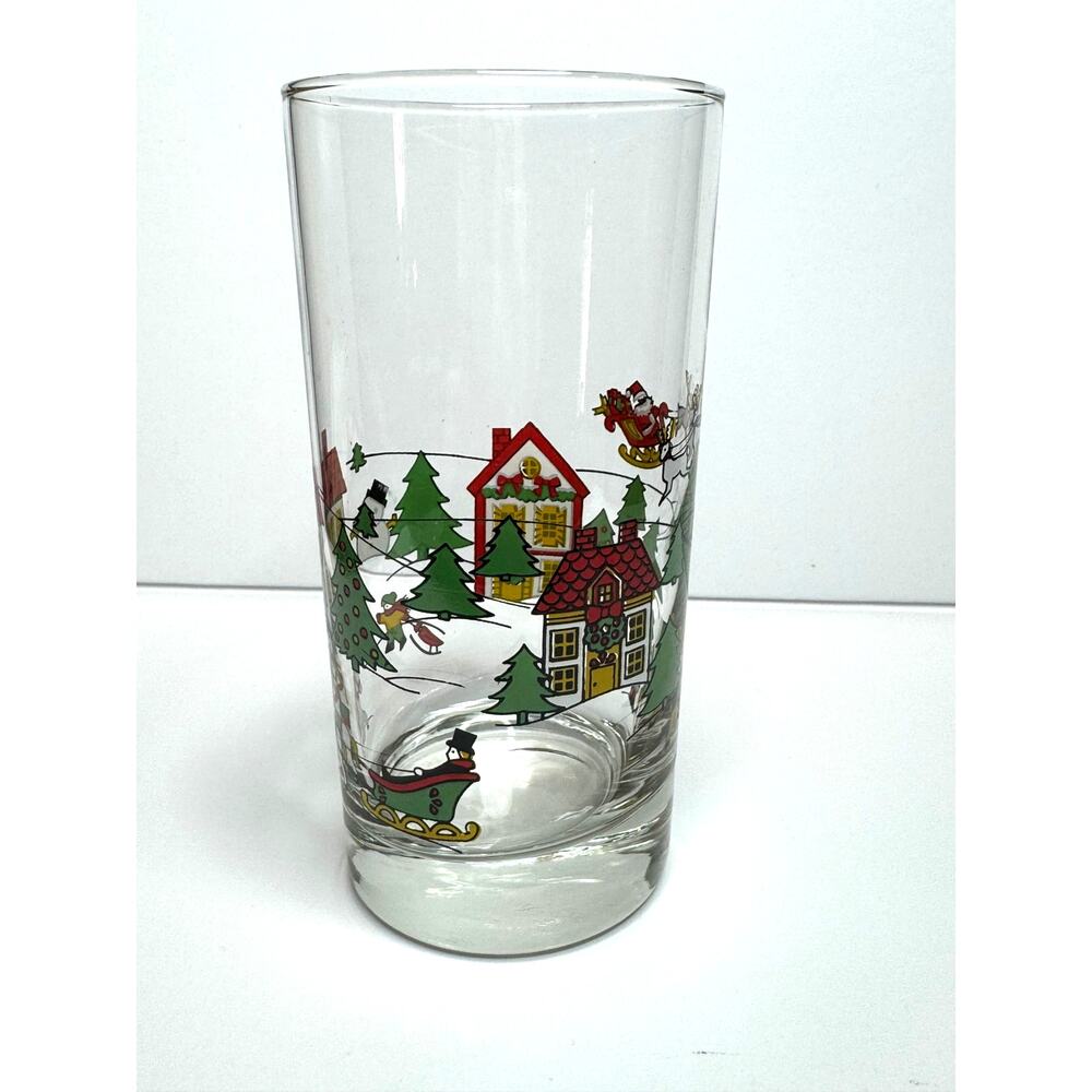 1987 Action Industries Christmas Glass Holiday Scene Santa, Sleighs, Skaters